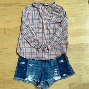 LOFT Pink Plaid Long Sleeve Shirt - Size MEDIUM